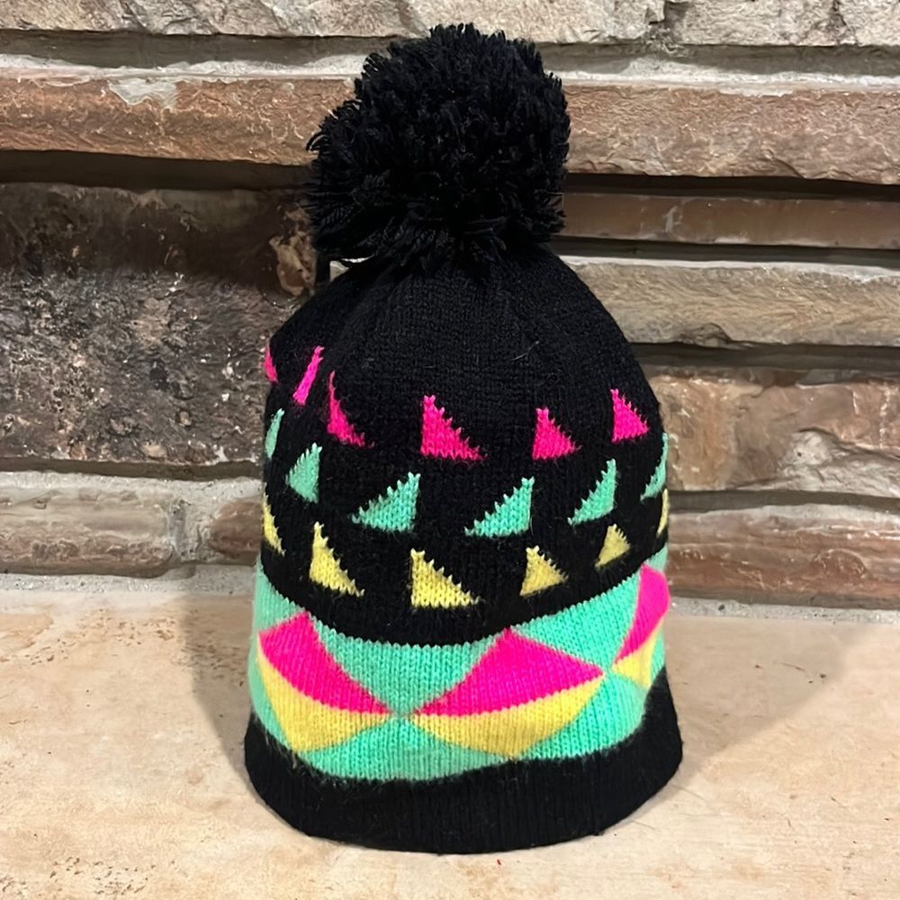 Vintage 90s Heart Throb Black and Neon Knit Pompom Beanie